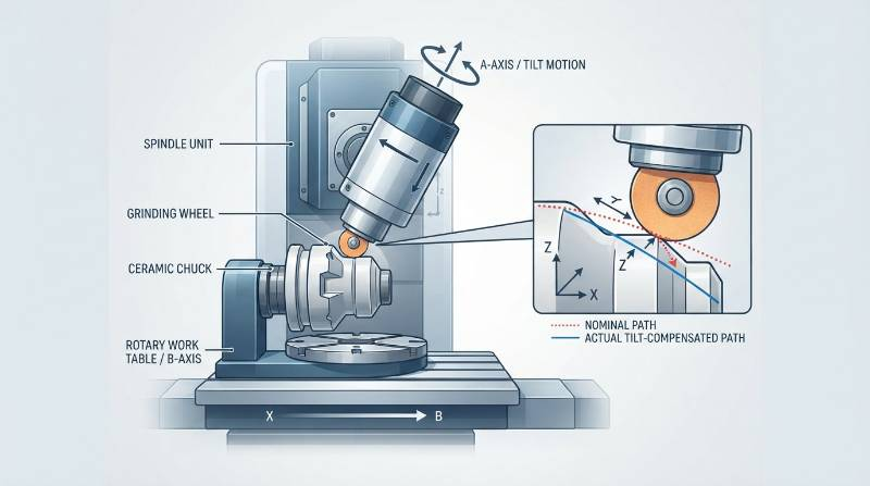 Schematic diagram of multi-axis CNC spindle kinematics displaying tilt compensation during ceramic chuck grinding