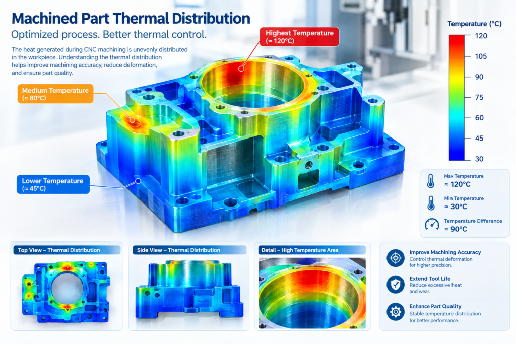 CAD software showing thermal heat map on a machined part