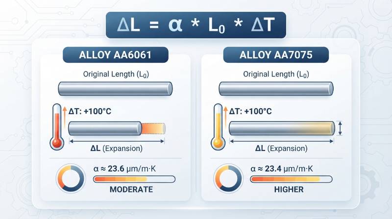 Linear Thermal Expansion Calculation Formula Infographic demonstrating AA6061 versus AA7075 dimensional shifts under heat