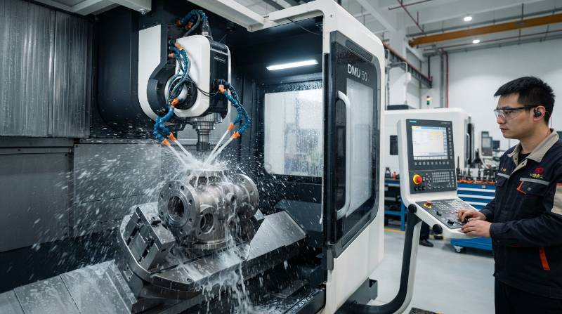 Industrial 5-axis CNC machine cutting a high-precision Inconel 625 chemical valve body with high-pressure coolant jets