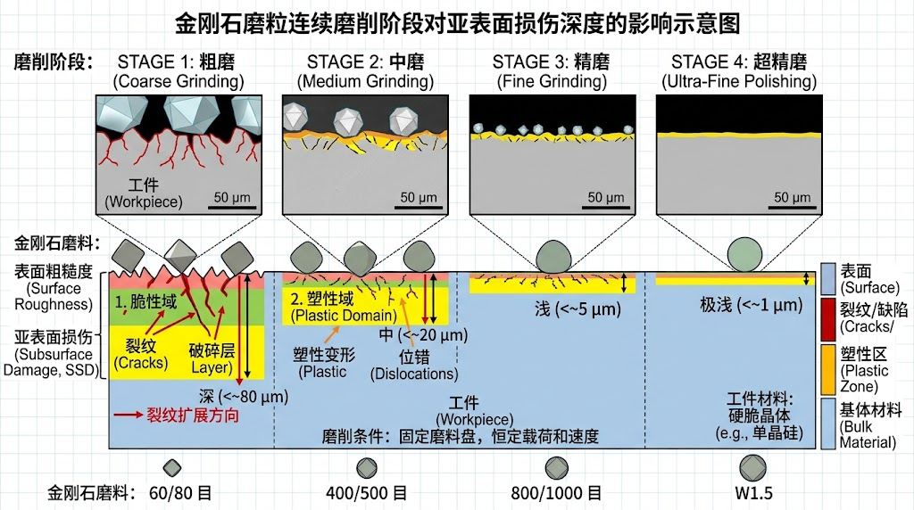 Cross-sectional micrograph diagram showing subsurface damage depth reduction across sequential diamond grit grinding stages