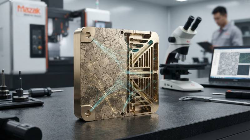 High-precision brass billet cross-section with microstructure grain analysis showing acoustic damping paths in audiophile CNC chassis components