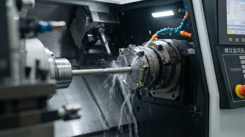 Close-up macro photography of a multi-axis Swiss CNC lathe spindle machining a titanium orthopedic bone screw with thread whirling ring