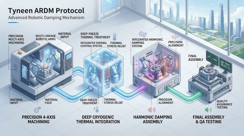 Technical flowchart of the Tyneen ARDM Protocol showing 4-stage machining, cryogenic cooling, and harmonic vibration damping steps
