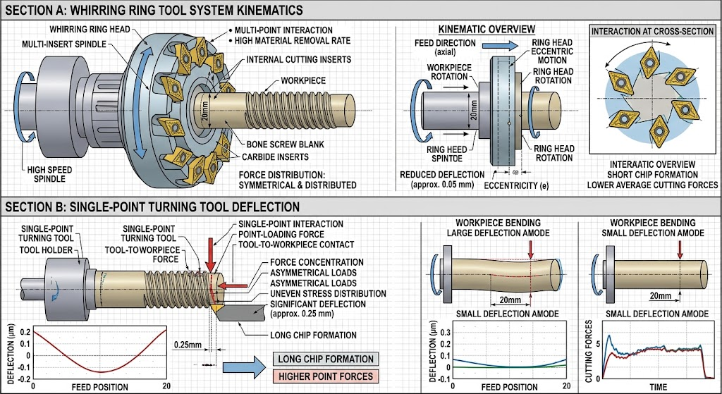 Technical schematic comparison diagram illustrating thread whirling cutter ring kinematics versus single-point turning tool deflection on a bone screw blank
