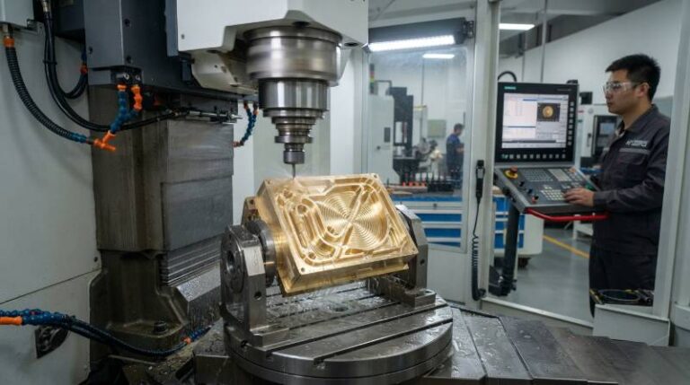 5-axis CNC milling center executing micro-milling on an intricate audiophile brass acoustic waveguide chamber