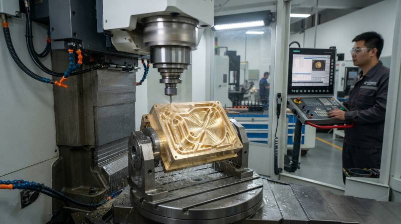 5-axis CNC milling center executing micro-milling on an intricate audiophile brass acoustic waveguide chamber