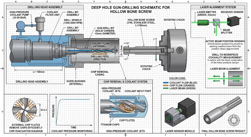 Engineering diagram showing high-pressure coolant deep-hole gun drilling a cannulated bone screw with chip evacuation and laser alignment sensors.