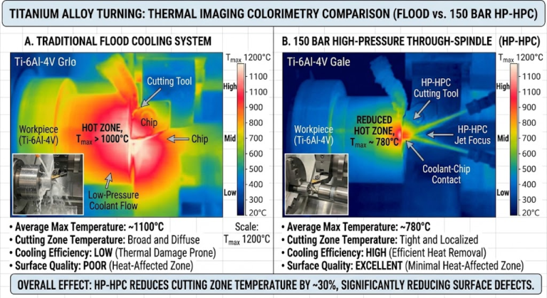 Thermal imaging color map comparing conventional flood coolant versus 150 bar high-pressure through-spindle coolant during titanium CNC turning