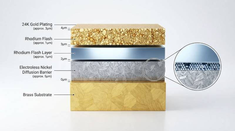 Microscopic cross-section diagram showing 24K gold, rhodium, and electroless nickel diffusion barrier layers on brass substrate