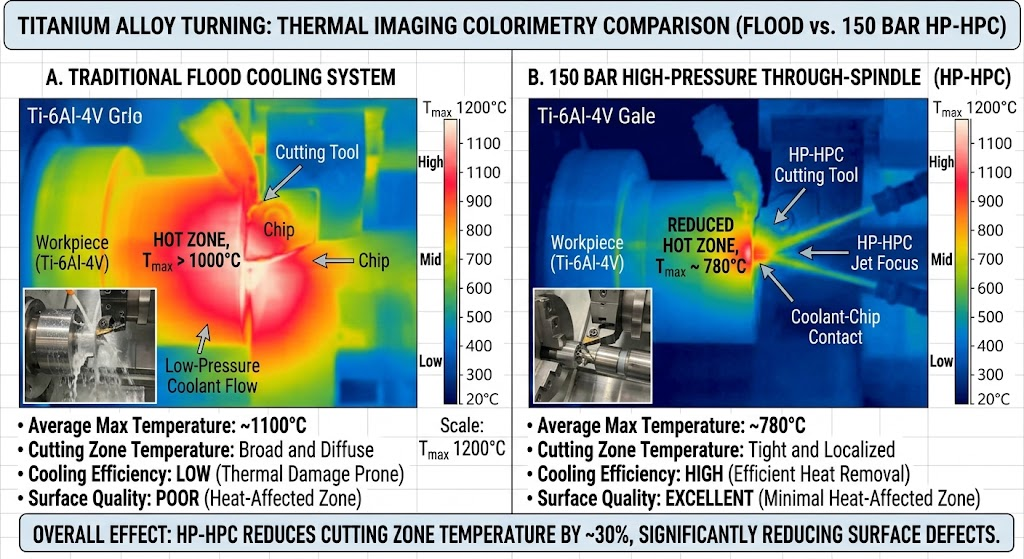 Thermal imaging color map comparing conventional flood coolant versus 150 bar high-pressure through-spindle coolant during titanium CNC turning