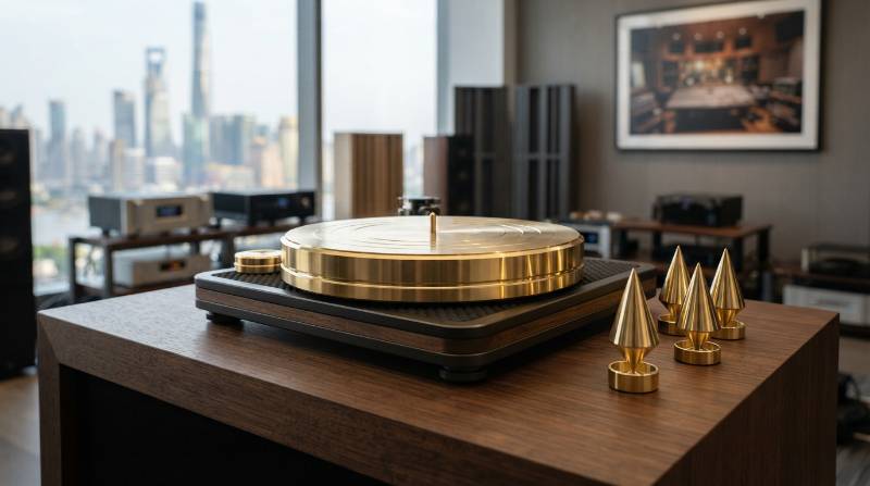 High-end CNC machined brass turntable platter and isolation spikes with mirror polished gold finish on display