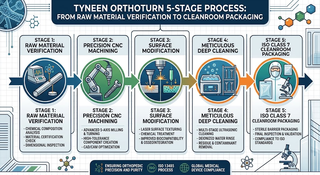 Flowchart infographic of the 5-phase Tyneen OrthoTurn Protocol from raw material verification to cleanroom packaging