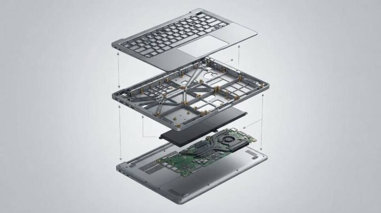 Exploded CAD view of a modern ultra-slim magnesium laptop unibody chassis highlighting thin structural ribs and precision internal mounting bosses