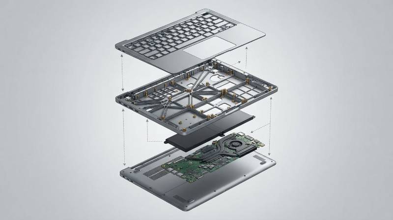 Exploded CAD view of a modern ultra-slim magnesium laptop unibody chassis highlighting thin structural ribs and precision internal mounting bosses