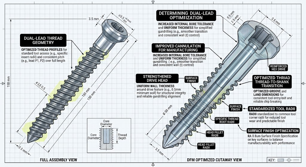 CAD design rendering highlighting DFM optimization points on a dual-lead cannulated bone screw with callout annotations.