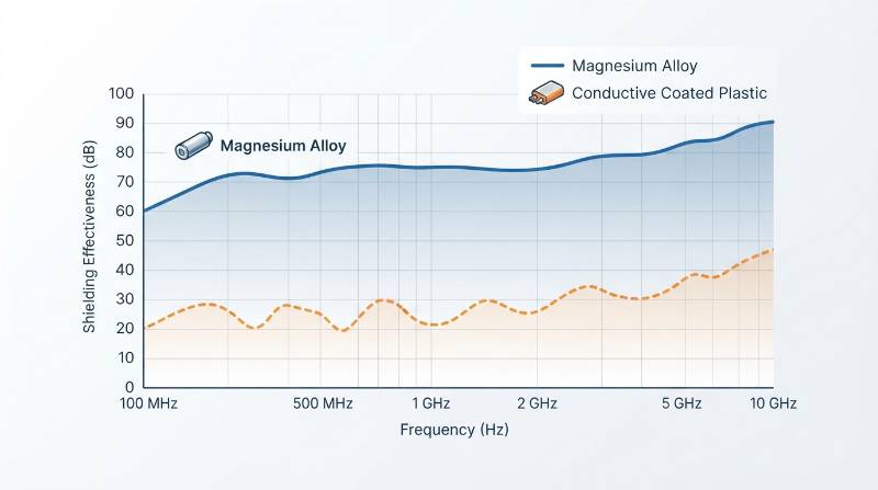 EMI shielding effectiveness attenuation curve graph from 100 MHz to 10 GHz comparing magnesium alloy against conductive coated plastic