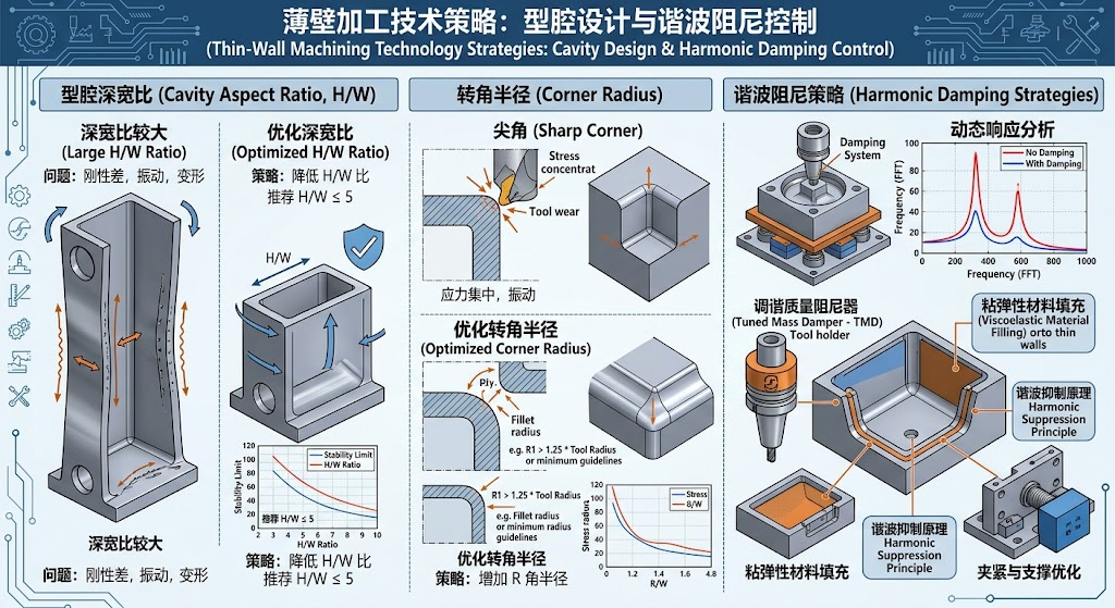 Technical engineering diagram showing thin-wall machining pocketing depth-to-width ratios, corner radii, and harmonic damping strategies