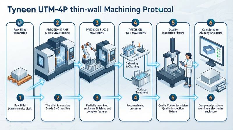 Flowchart illustrating the Tyneen UTM-4P thin-wall machining protocol from raw billet to finished inspected electronics enclosure