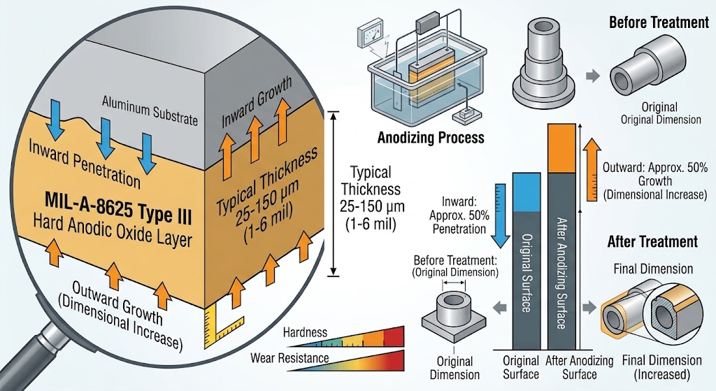 Cross section diagram of MIL-A-8625 Type III Hardcoat Anodizing layer showing penetration versus build up dimensional growth on aluminum