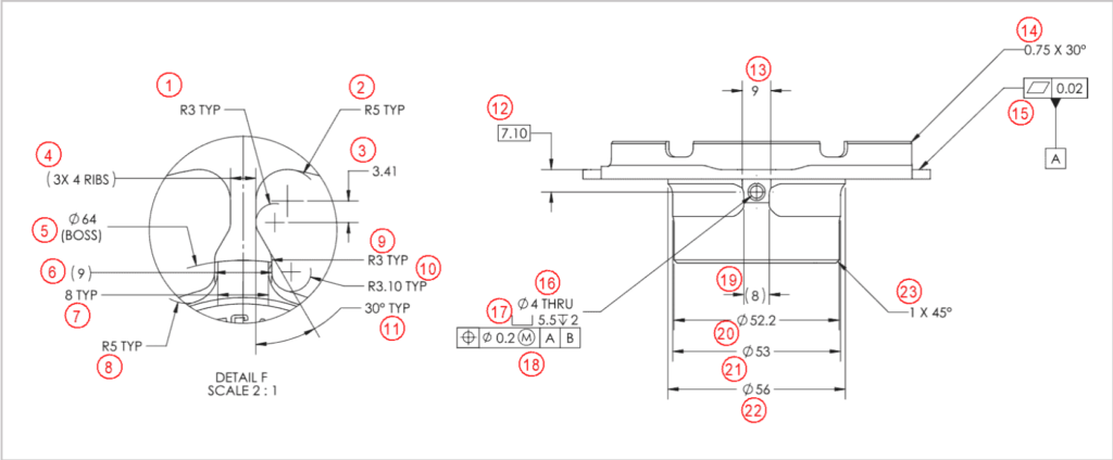 AS9102 First Article Inspection ballooned blueprint drawing next to high precision CMM laser scan cloud data verification setup