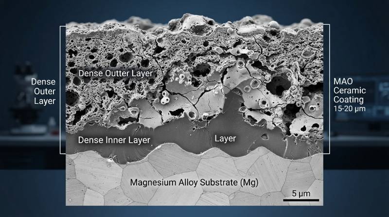 Microscopic cross section diagram of a Micro-Arc Oxidation MAO ceramic coating layer grown on a magnesium alloy substrate