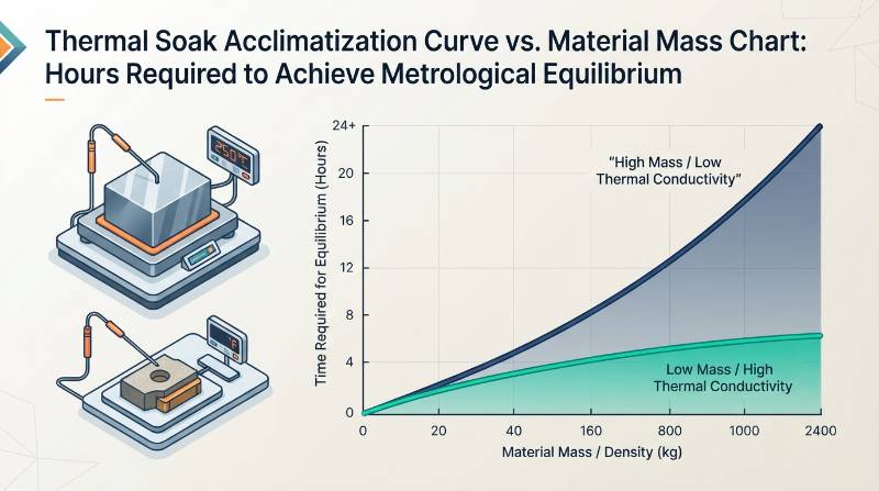 Thermal Soak Acclimatization Curve vs Material Mass Chart showing hours required to achieve metrological equilibrium