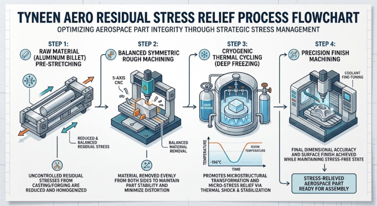 Tyneen AeroStress Mitigation Protocol flowchart showing billet pre-stretching, balanced symmetrical roughing, cryogenic thermal cycling, and finish passes