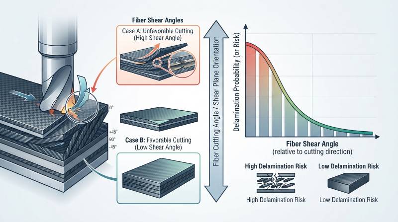 CFRP Machining Physics Infographic: Fiber Shear Angle vs Delamination Probability showing cutting tool edge interaction with carbon fiber plies