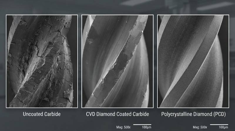 Microscopic SEM Comparison: Tool Wear on Carbide vs CVD Diamond vs PCD End Mills showing cutting edge degradation