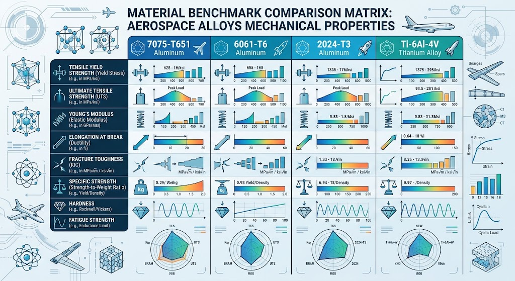 Material Benchmarking Matrix technical chart comparing mechanical properties of 7075-T651, 6061-T6, 2024-T3, and Ti-6Al-4V aerospace alloys