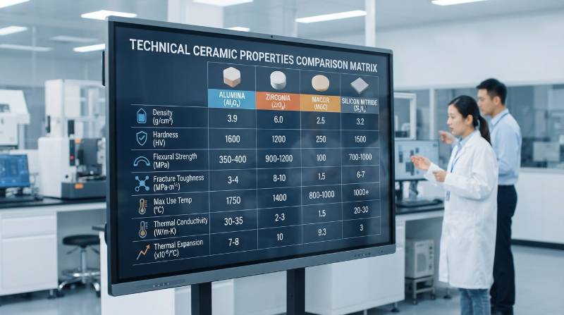 Technical Ceramic Properties Comparison Matrix showing Alumina, Zirconia, Macor, and Silicon Nitride physical and thermal specifications