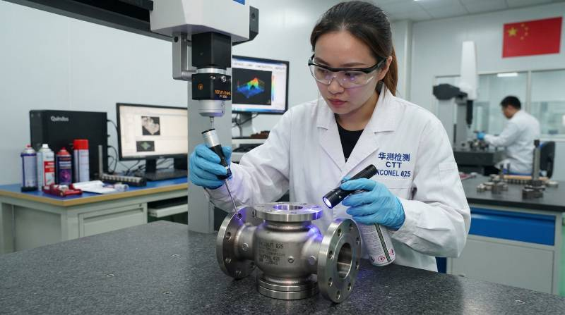 Quality technician performing CMM dimensional inspection and liquid penetrant testing on a finished Inconel 625 valve component