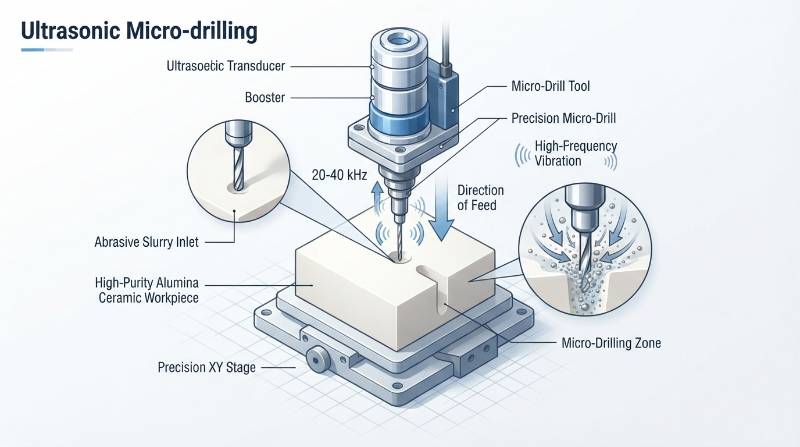 Ultrasonic micro-drilling feed and speed diagram showing high-frequency vibrations machining high-purity alumina ceramic