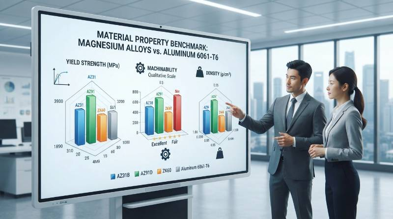 Material property benchmark chart comparing yield strength, machinability, and density across AZ31B, AZ91D, ZK60, and Aluminum 6061-T6