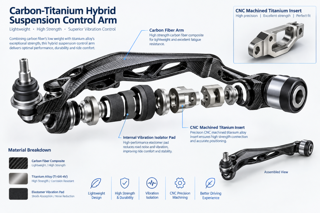 Exploded CAD Diagram of a Carbon-Titanium Hybrid Suspension Wishbone showing internal isolator shims and CNC milled inserts