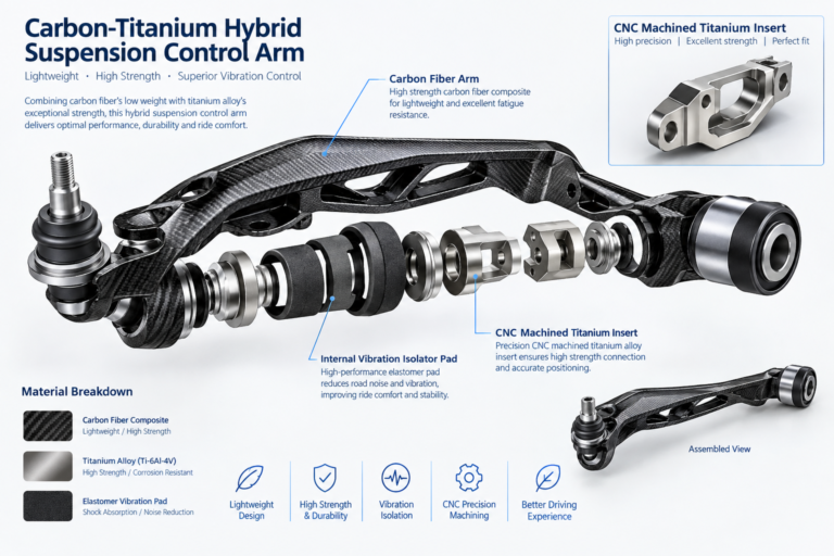 Exploded CAD Diagram of a Carbon-Titanium Hybrid Suspension Wishbone showing internal isolator shims and CNC milled inserts