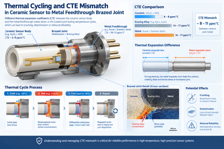 Detailed technical diagram illustrating CTE mismatch between ceramic sensor bodies and metal feedthrough brazes under thermal cycling