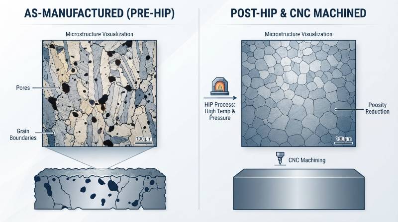 Microstructure Comparison Chart showing metal grain alignment and porosity reduction in Ti-6Al-4V before HIP versus post-HIP and CNC machining