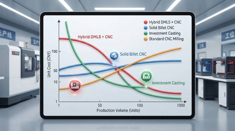 Cost-Volume Crossover Graph comparing Hybrid DMLS and CNC milling versus Solid Billet CNC and Investment Casting across 1 to 1000 units