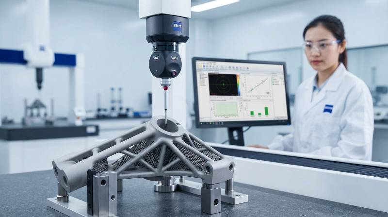 Zeiss CMM coordinate measuring machine probe inspecting critical tight tolerance bore of a 3D printed aerospace part