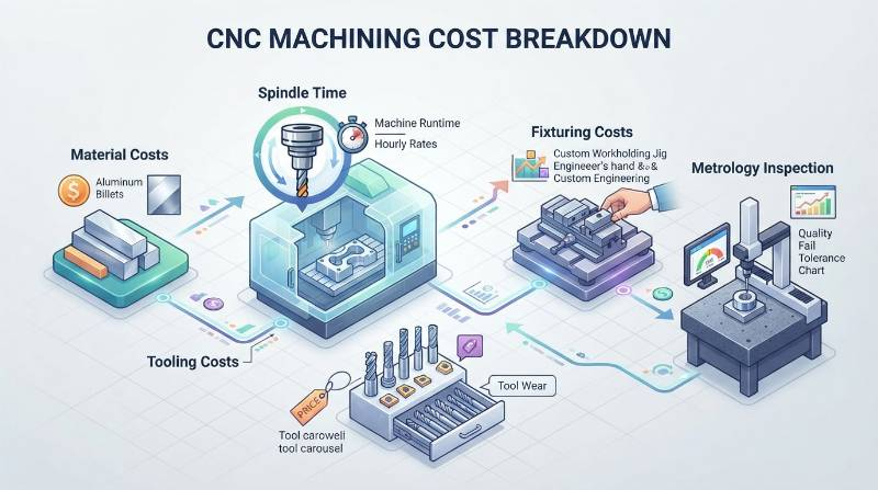Technical schematic showing the cost breakdown of CNC machining, including spindle time, fixturing, tooling, material, and metrology inspection