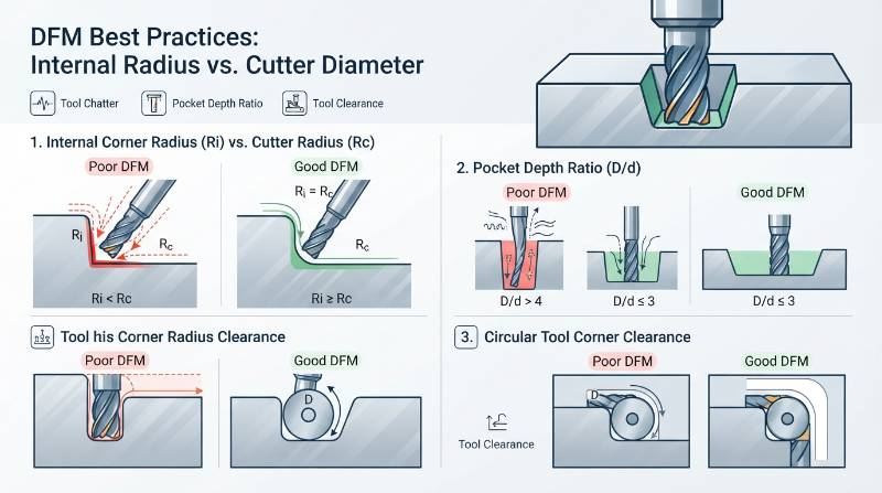 DFM Internal Radius vs Cutter Diameter Infographic detailing tool chatter, pocket depth ratios, and circular tool corner clearance