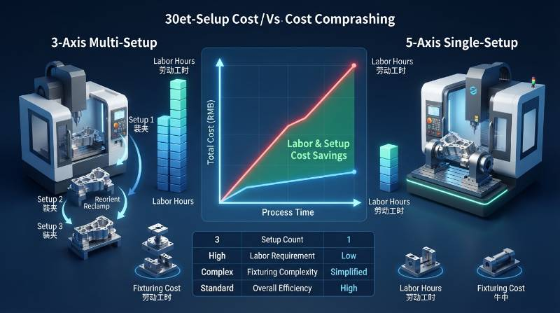 3-Axis Multi-Setup vs 5-Axis Single-Setup Fixturing Cost Chart showing labor savings and setup reductions
