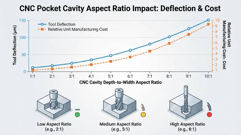 Technical chart visualizing CNC pocket cavity depth-to-width aspect ratios versus tool deflection and relative unit manufacturing costs