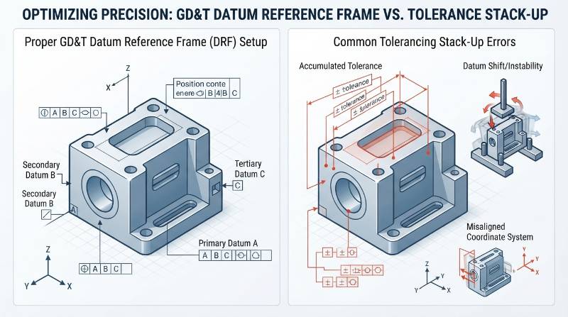 Engineering diagram showing proper GD&T Datum Reference Frame setup compared with common tolerancing stack-up errors on a machined housing