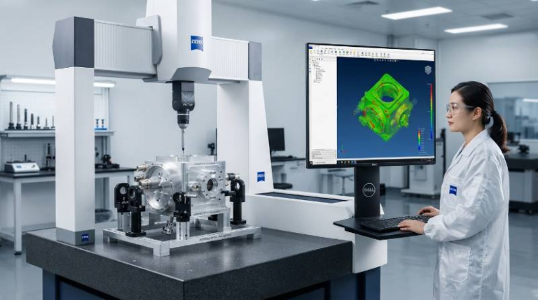 Zeiss CMM coordinate measuring machine measuring an aerospace optical housing with 3D color deviation point cloud map