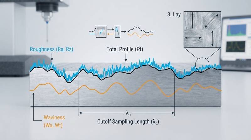 Technical metrology diagram showing surface profile components including roughness, waviness, lay, and cutoff sampling length