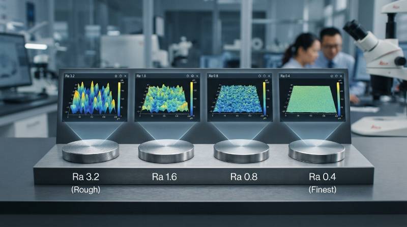 Microscopic comparison showing scallop height differences between Ra 3.2, Ra 1.6, Ra 0.8, and Ra 0.4 machined surfaces