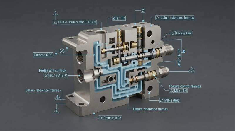 3D CAD render of a complex titanium aerospace hydraulic valve block with fine cross-drilled internal channels and annotated GD&T tolerances